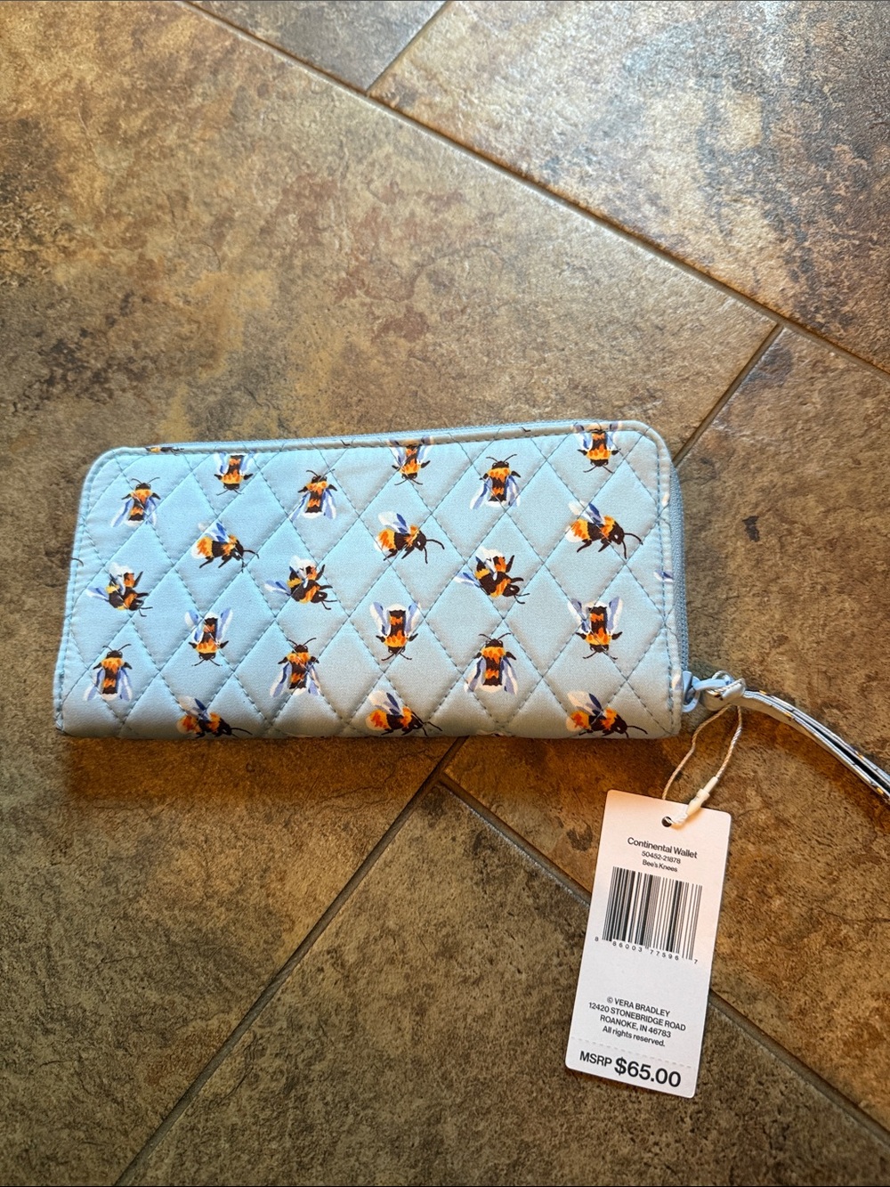 Vera Bradley Light Blue Quilted Continental Wallet with Bee Print..nwt